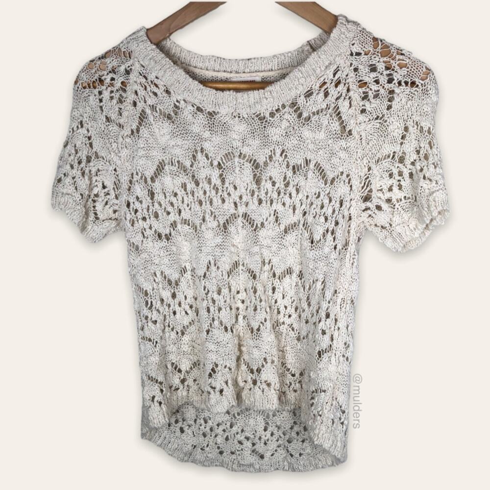 Mossimo White Tone See Through Short Sleeve Crochet Lace Sweater Small